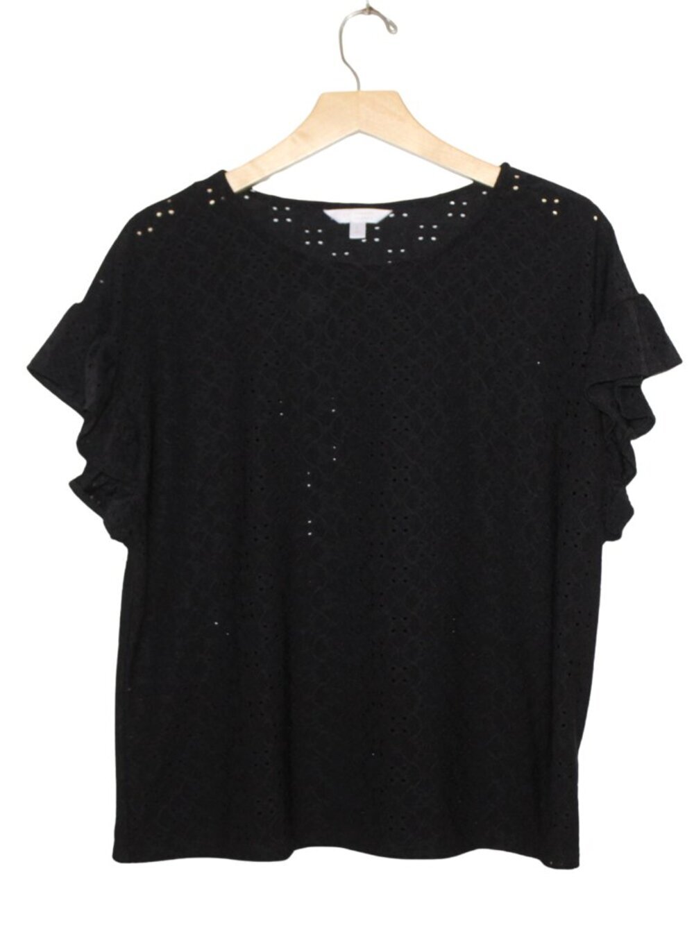 Lauren Conrad women's blouse size L black eyelet ruffle sleeve flirty feminine
